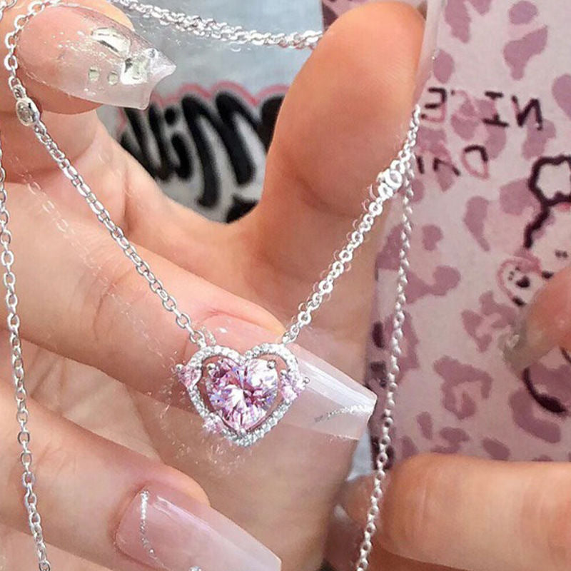 Wholesale Pink rhinestone heart necklace clavicle chain